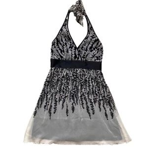 VINTAGE 2000s EXPRESS BLACK WHITE SILK HALTER  DRESS SIZE S